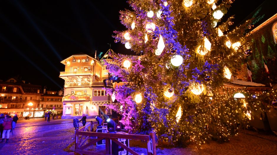 Megeve town lit up at night with Christmas tree